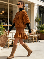 Gathered Neck Puff Sleeve Smocked Waist Corduroy Mini Dress