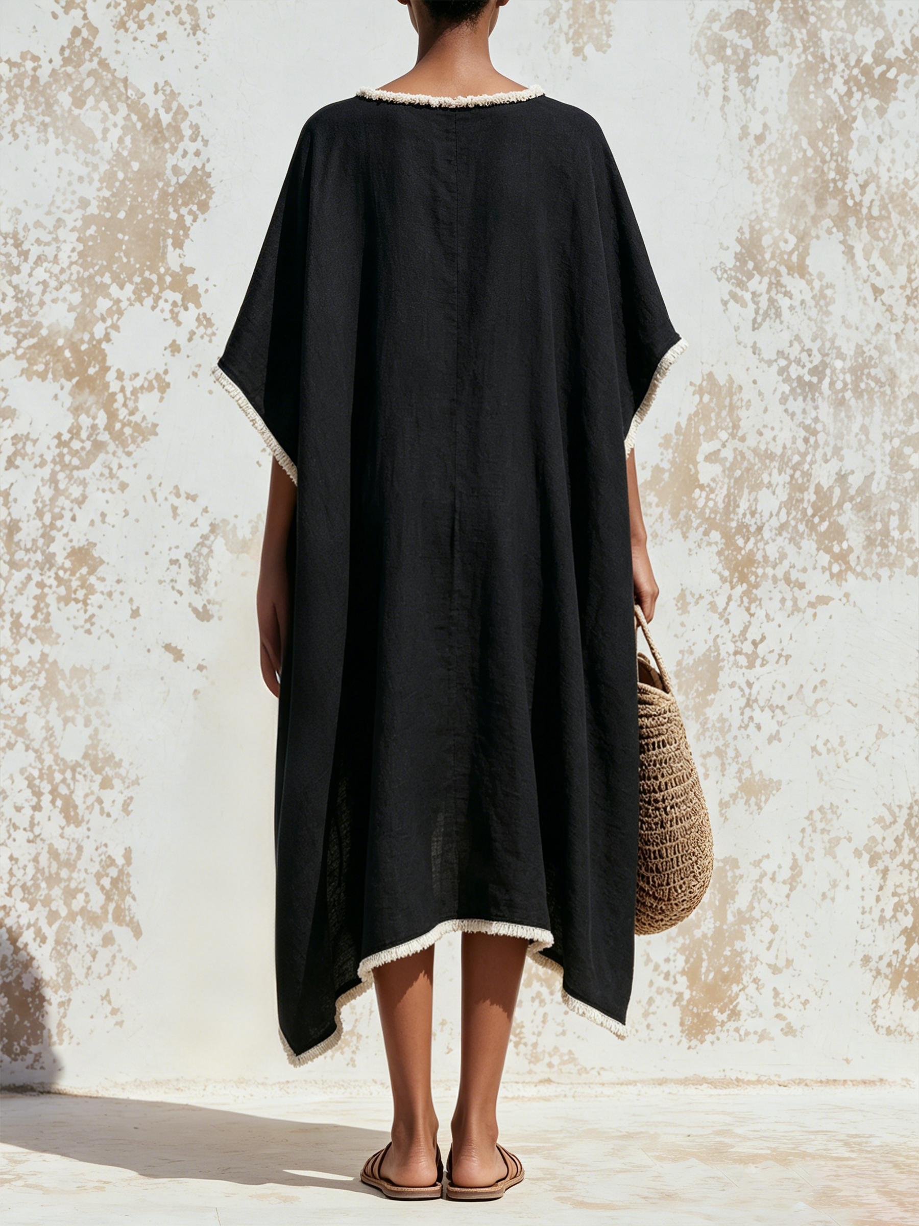 Fringe Trim Linen Hi-Lo Kaftan Midi Dress