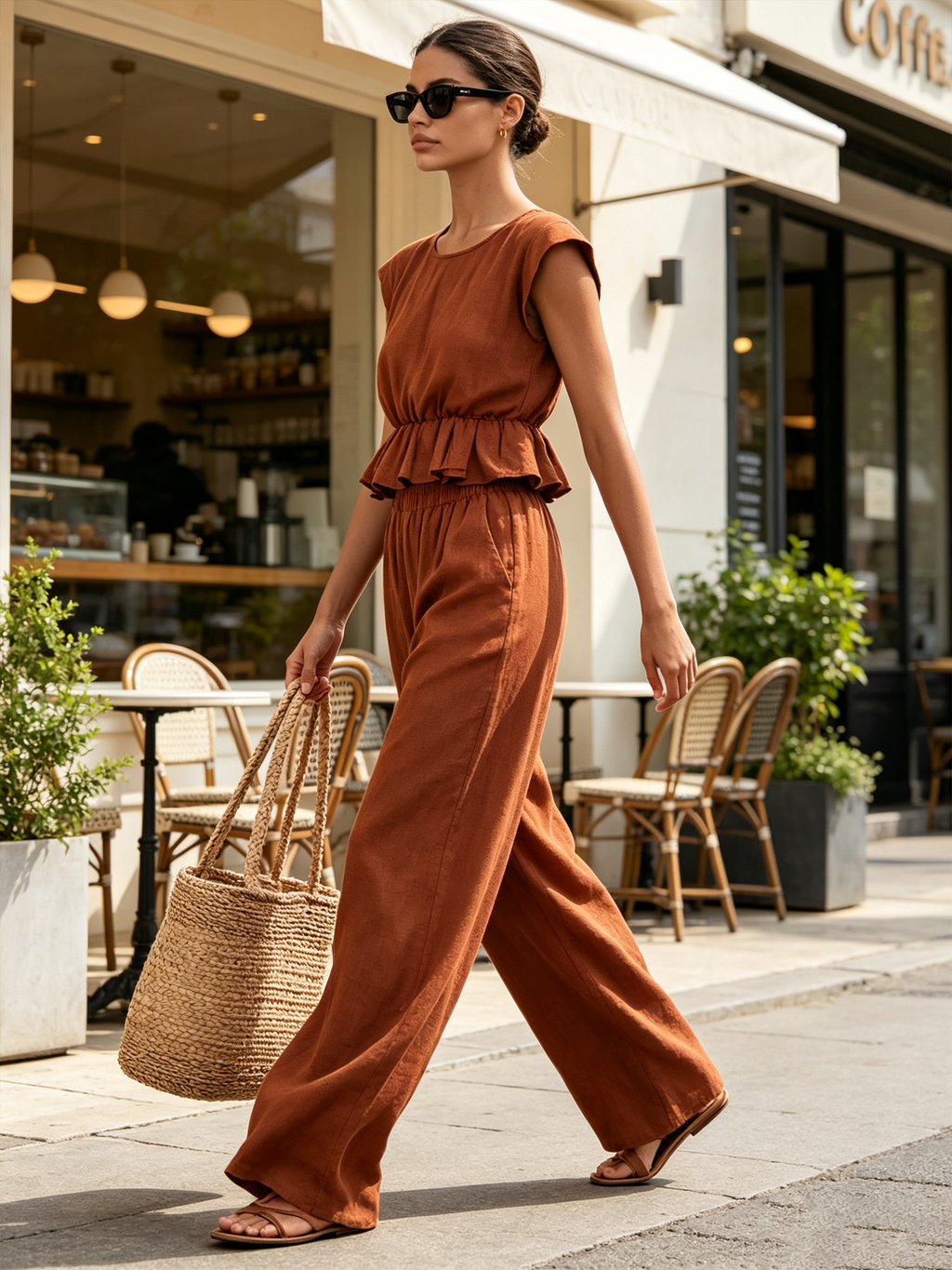 Cap Sleeve Ruffle Hem Crop Top & Elastic Waist Wide Leg Linen Two-Piece Set