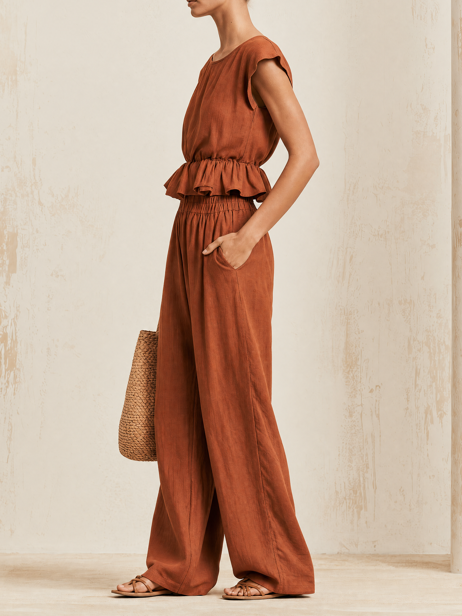 Cap Sleeve Ruffle Hem Crop Top & Elastic Waist Wide Leg Linen Two-Piece Set
