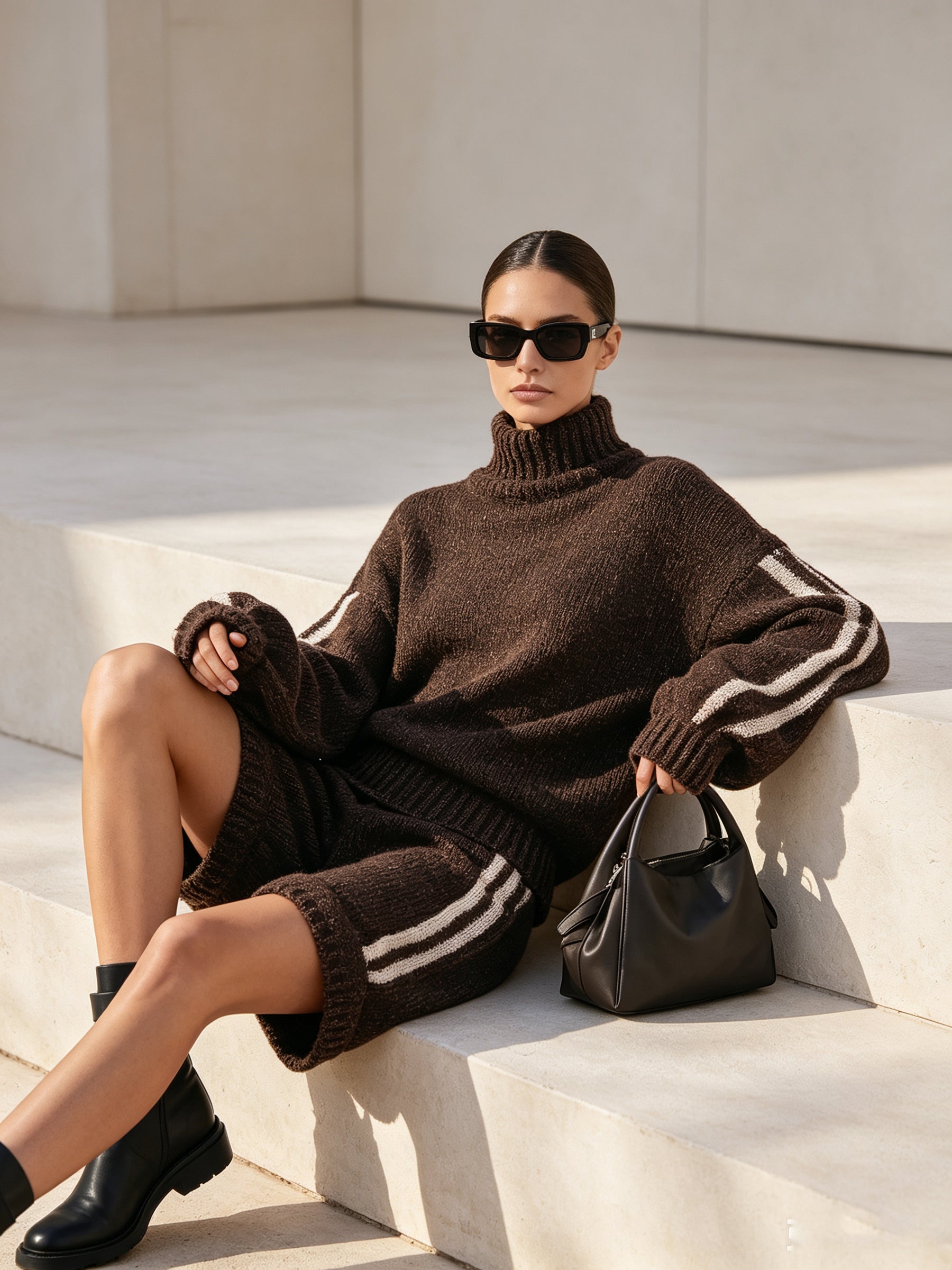 Women’s Knit Turtleneck Sweater & Shorts Set – Cozy Two-Piece Outfit