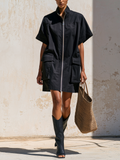 Stand Collar Half Zip Short Sleeve Cargo Mini Shirt Dress