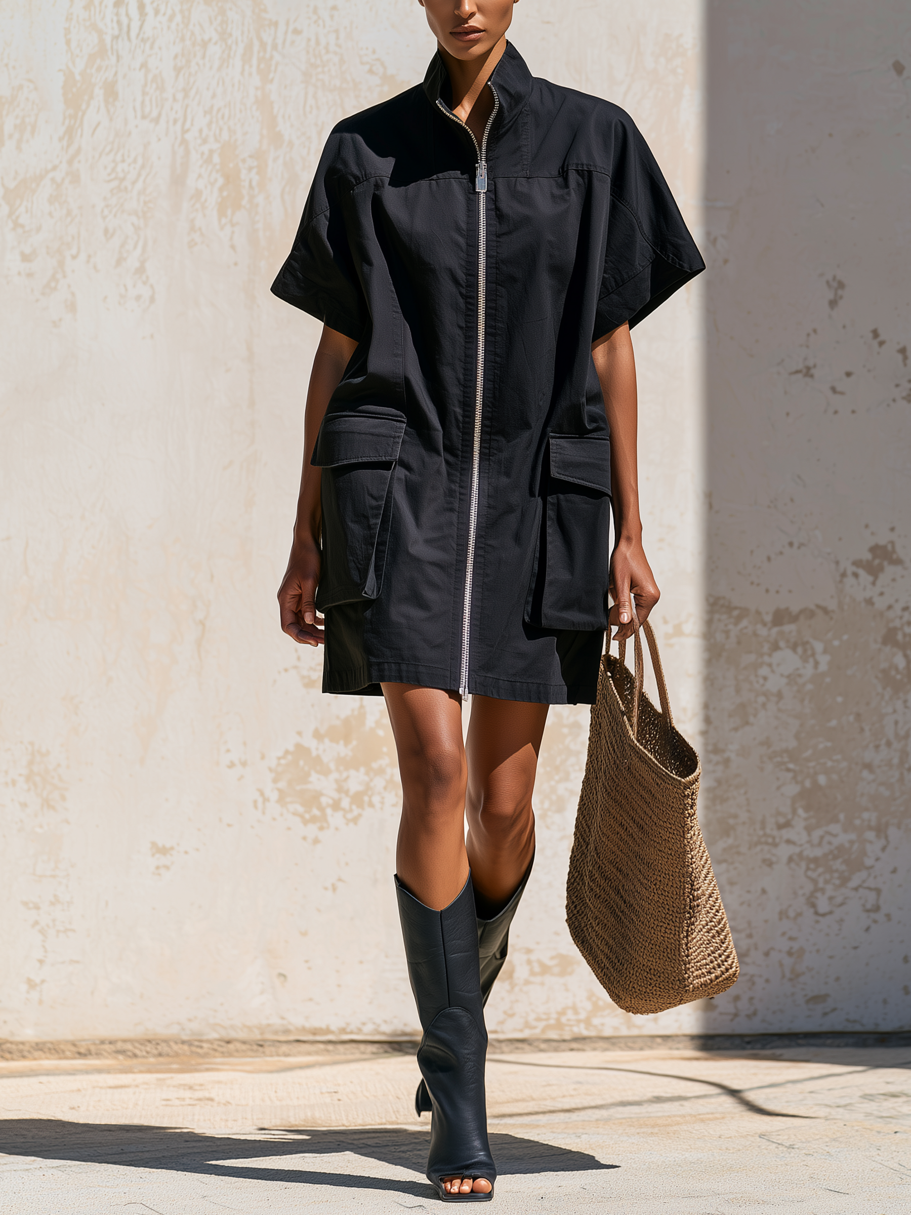 Stand Collar Half Zip Short Sleeve Cargo Mini Shirt Dress