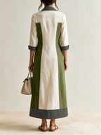 Olive Green & Off-White Color-Block Cotton Maxi Shirt Dress