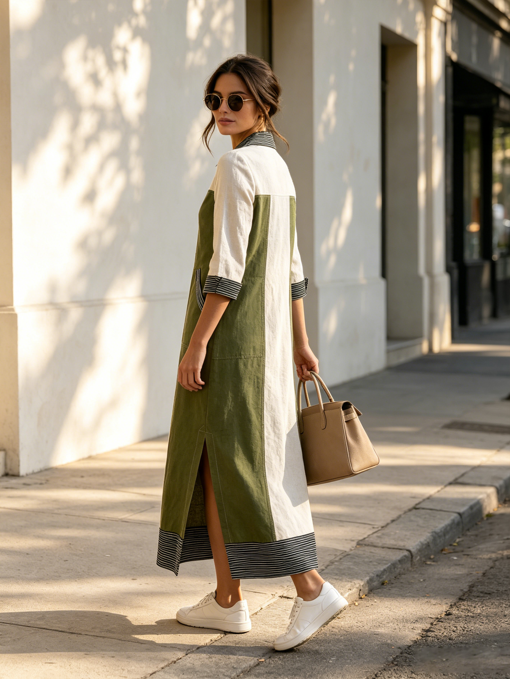 Olive Green & Off-White Color-Block Cotton Maxi Shirt Dress