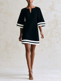 Women’s Black A-Line Mini Dress With White Stripe Trim, Elegant Oversized Sleeve Shift Dress