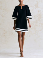 Women’s Black A-Line Mini Dress With White Stripe Trim, Elegant Oversized Sleeve Shift Dress