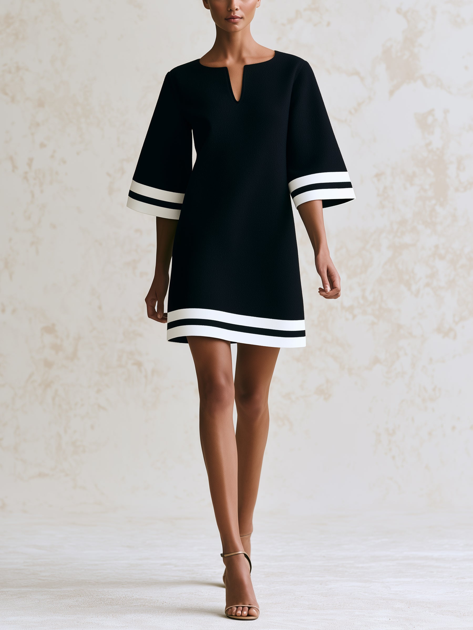 Women’s Black A-Line Mini Dress With White Stripe Trim, Elegant Oversized Sleeve Shift Dress