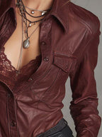 Point Collar Chest Pocket Button Front Fitted Vintage Faux Leather Long Sleeve Shirt Top