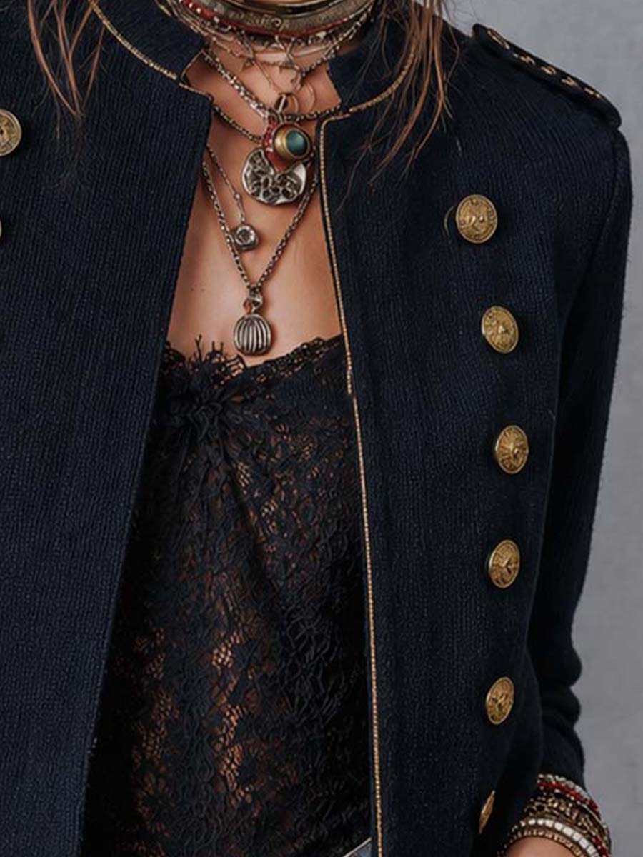 Round Neck Epaulet Double Breasted Antique Gold Button Trim Cropped Knit Military Jacket