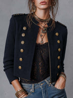Round Neck Epaulet Double Breasted Antique Gold Button Trim Cropped Knit Military Jacket