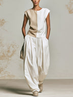 Women’s Two-Tone Linen Style Set – Minimalist Sleeveless Top & Wide Leg Pants Co-Ord Outfit