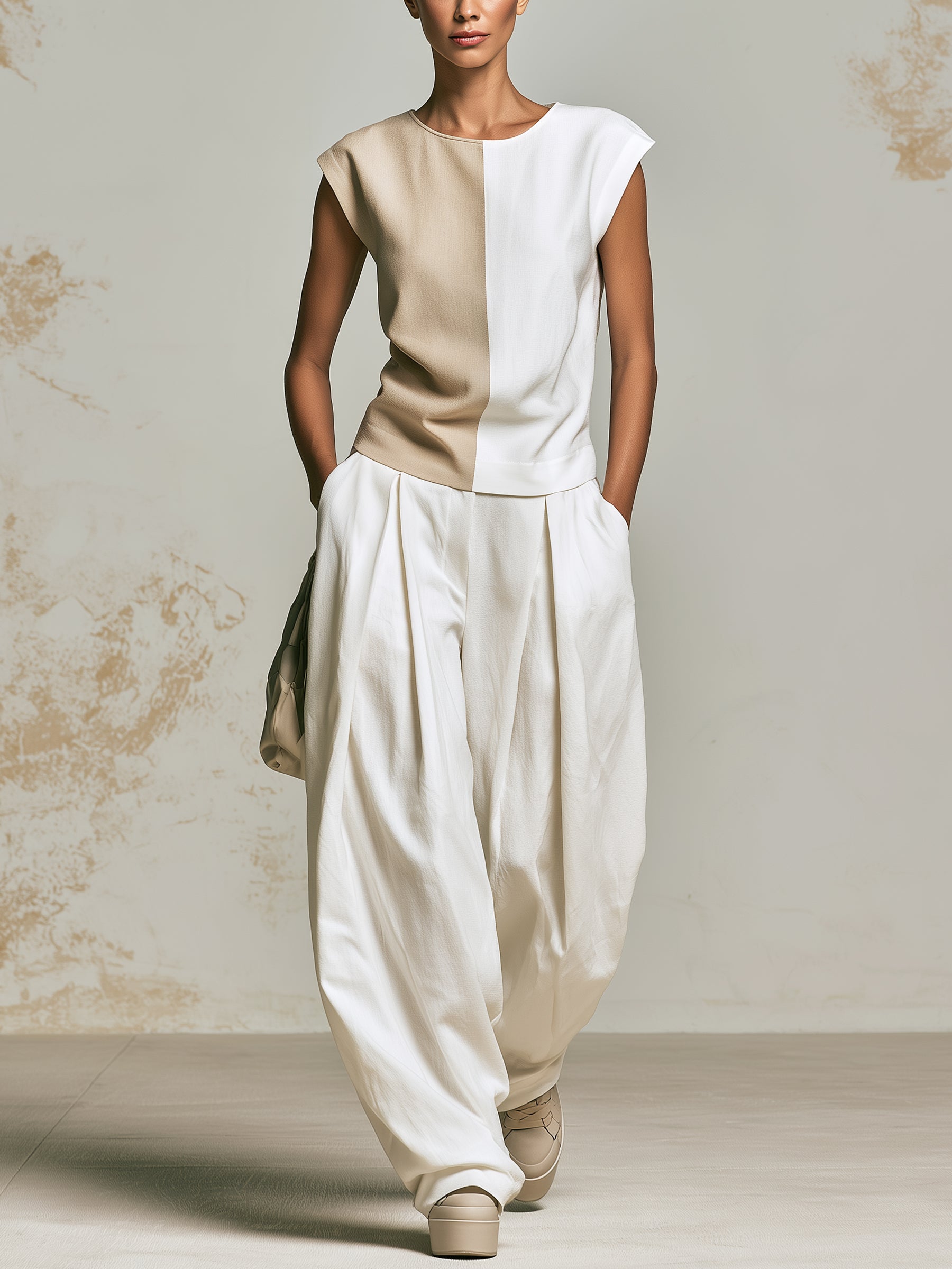 Women’s Two-Tone Linen Style Set – Minimalist Sleeveless Top & Wide Leg Pants Co-Ord Outfit