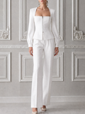 White Square Neck Zip Front Jacket & Wide Leg Pants Set