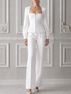 White Square Neck Zip Front Jacket & Wide Leg Pants Set