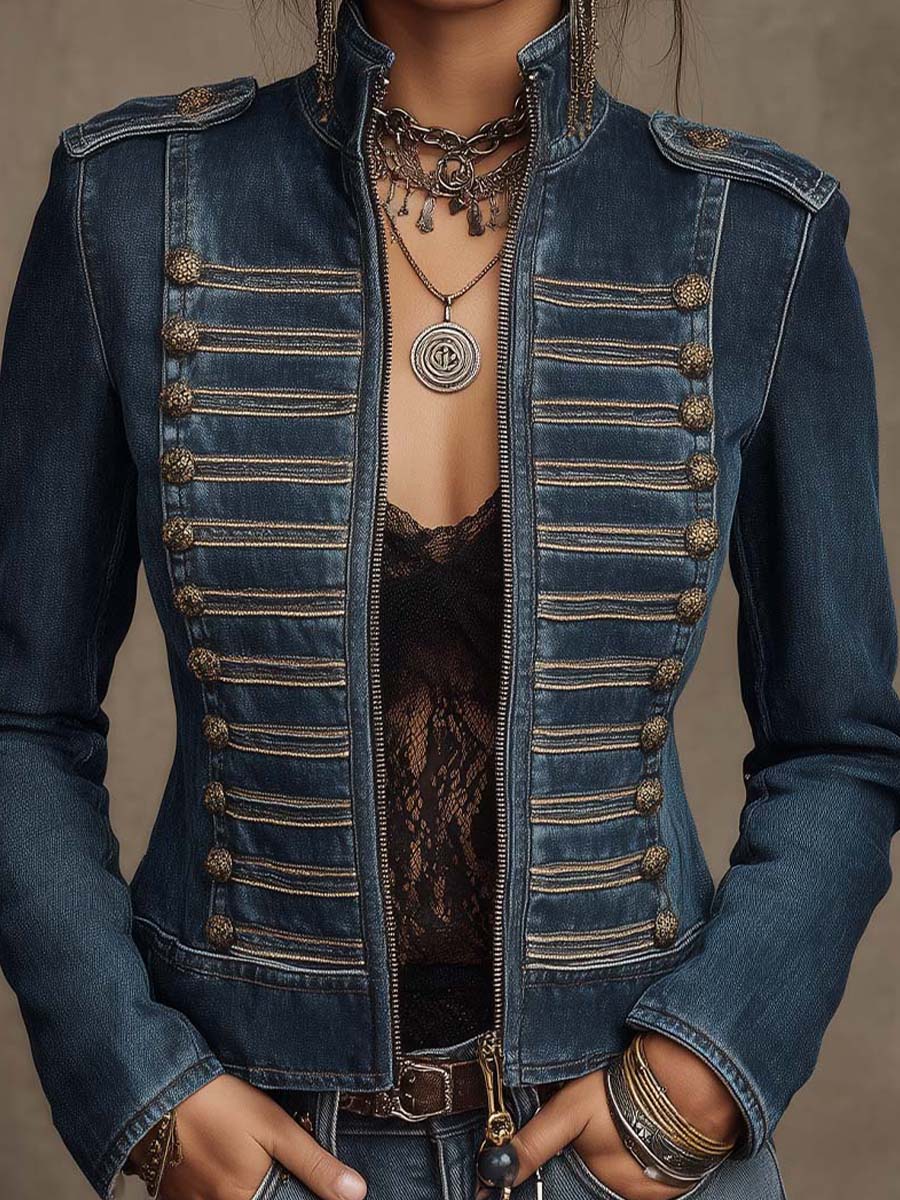 Stand Collar Epaulet Antique Gold Stripe Button Trim Zip Front Cropped Vintage Denim Military Jacket