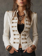 Stand Collar Epaulet Antique Gold Button Trim Zip Front Fitted Woven Fabric Military Jacket