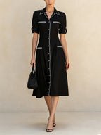 Elegant Black Shirt Dress For Women – Vintage Button Front Midi Dress With Contrast Trim And Short Sleeves