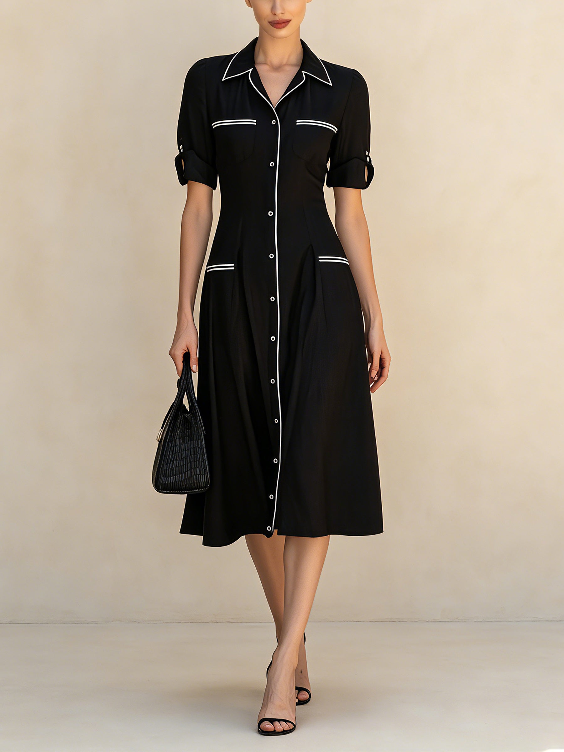Elegant Black Shirt Dress For Women – Vintage Button Front Midi Dress With Contrast Trim And Short Sleeves