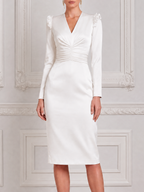 White Dress Ruffle Shoulder Ruched Waist Pencil Midi Dress