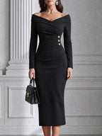 Off-the-Shoulder Button-Detail Bodycon Midi Dress