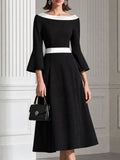 Color-Block Bateau Neck Bell Sleeve A-Line Midi Dress