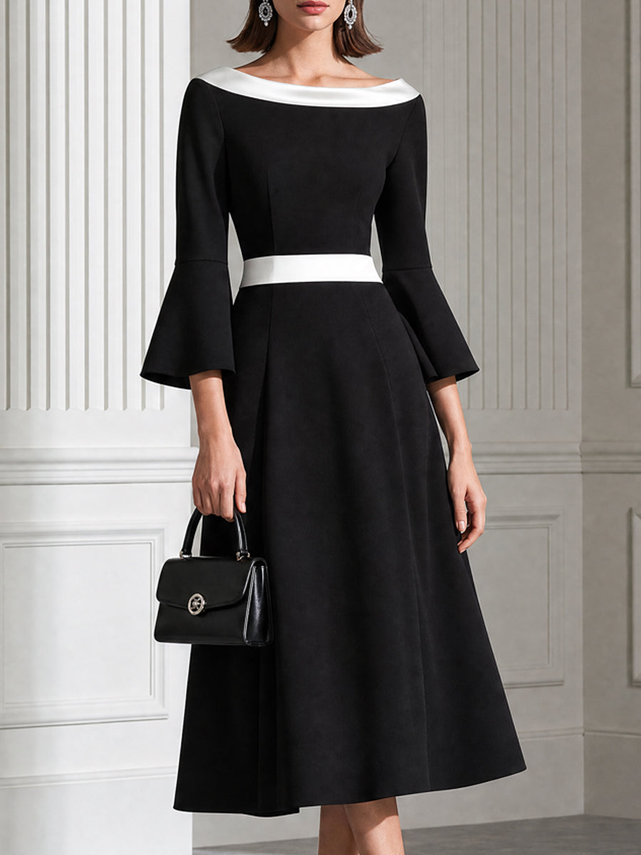 Color-Block Bateau Neck Bell Sleeve A-Line Midi Dress
