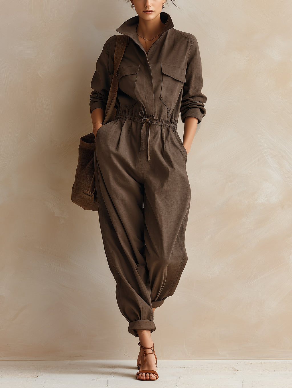 Women’s Casual Utility Jumpsuit – Long Sleeve Cargo Romper With Drawstring Waist And Relaxed Fit