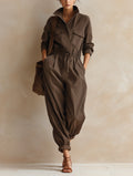 Women’s Casual Utility Jumpsuit – Long Sleeve Cargo Romper With Drawstring Waist And Relaxed Fit