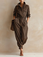 Women’s Casual Utility Jumpsuit – Long Sleeve Cargo Romper With Drawstring Waist And Relaxed Fit