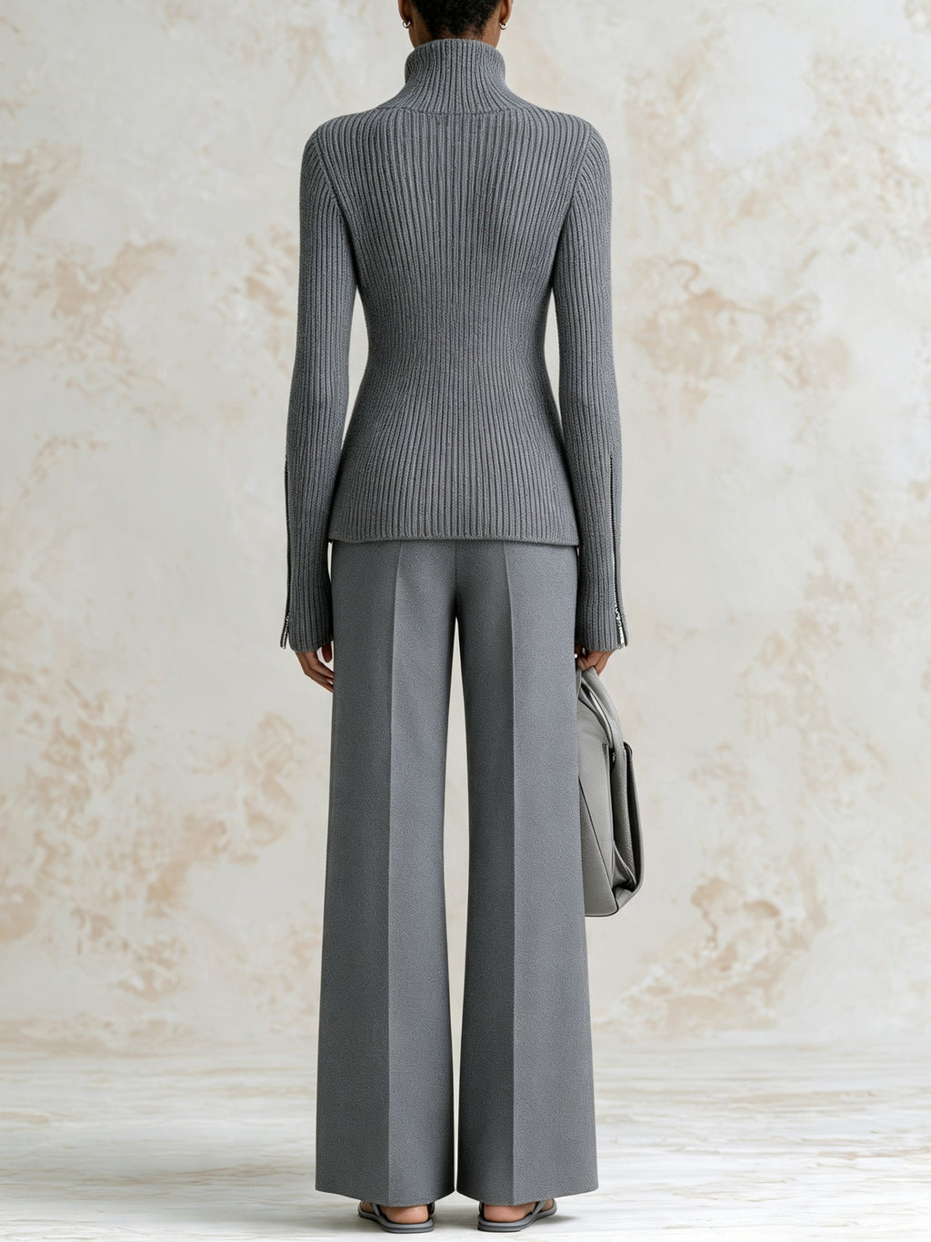 Minimalist Ribbed Knit Zip Jacket & Wide-Leg Pants Set – Elegant Two-Piece Lounge Suit