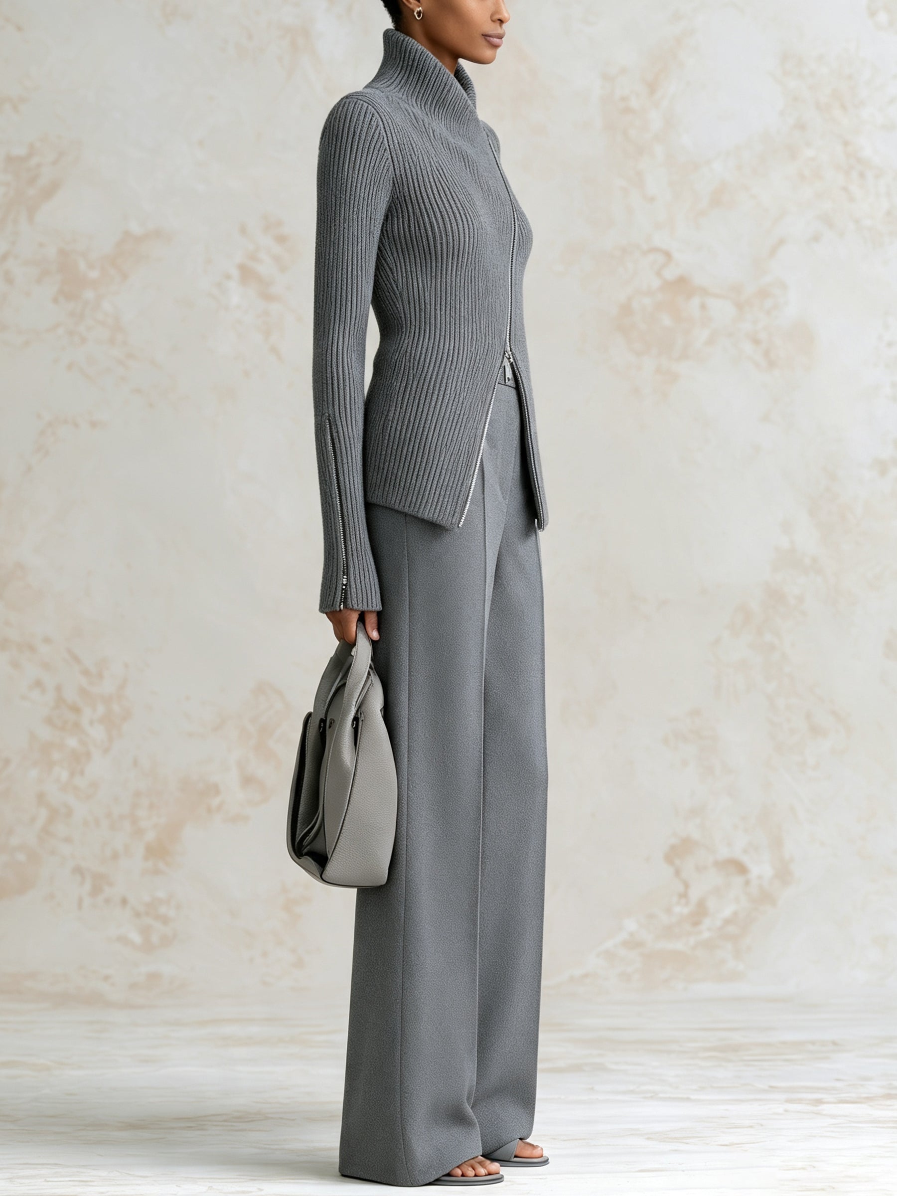 Minimalist Ribbed Knit Zip Jacket & Wide-Leg Pants Set – Elegant Two-Piece Lounge Suit