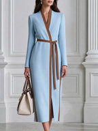 Contrast Trim Wrap Long Sleeves And Belt Midi Dress