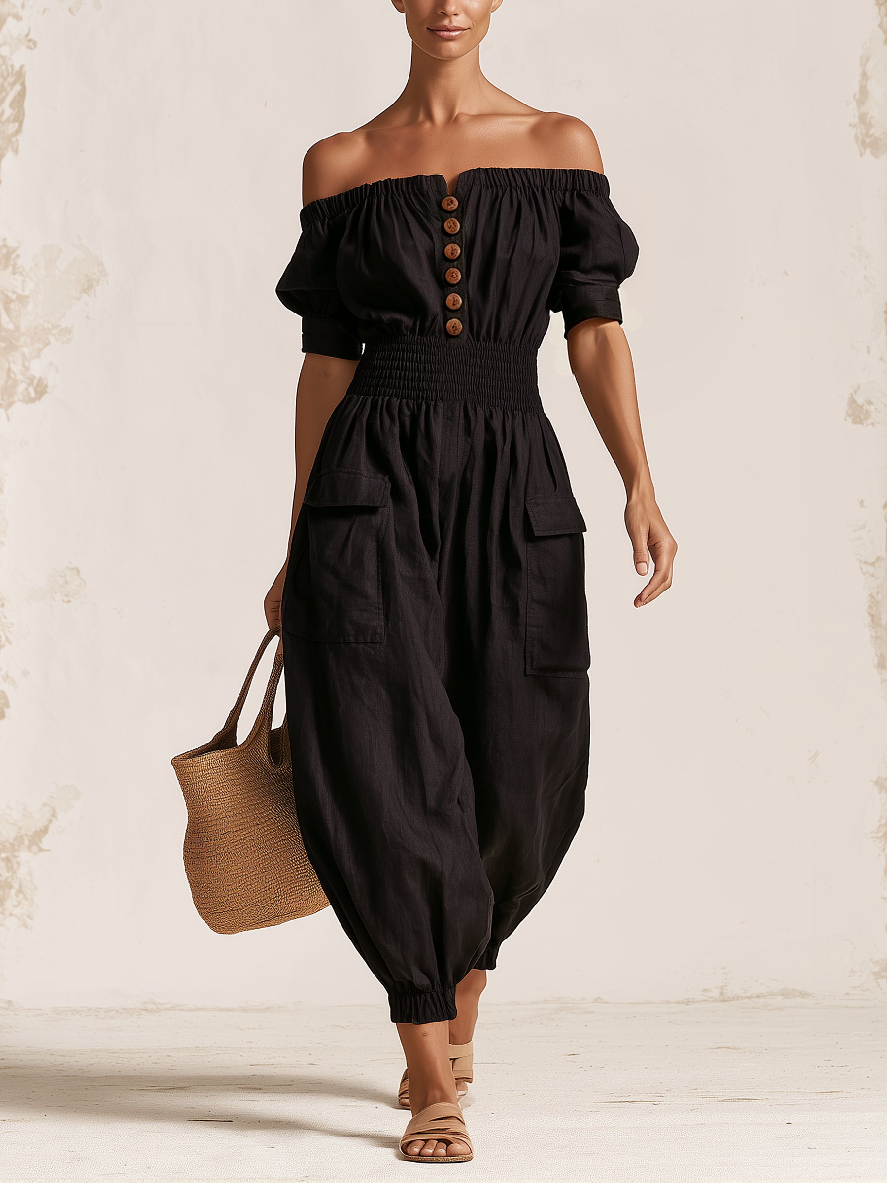 Off Shoulder Button Front Linen Cargo Jogger Jumpsuit