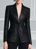 Black Sequin Satin Lapel Tailored Blazer