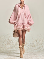 Women’s Pink Hooded Ruffle Mini Dress – Oversized Balloon Sleeve Lace Hem Casual Chic Dress