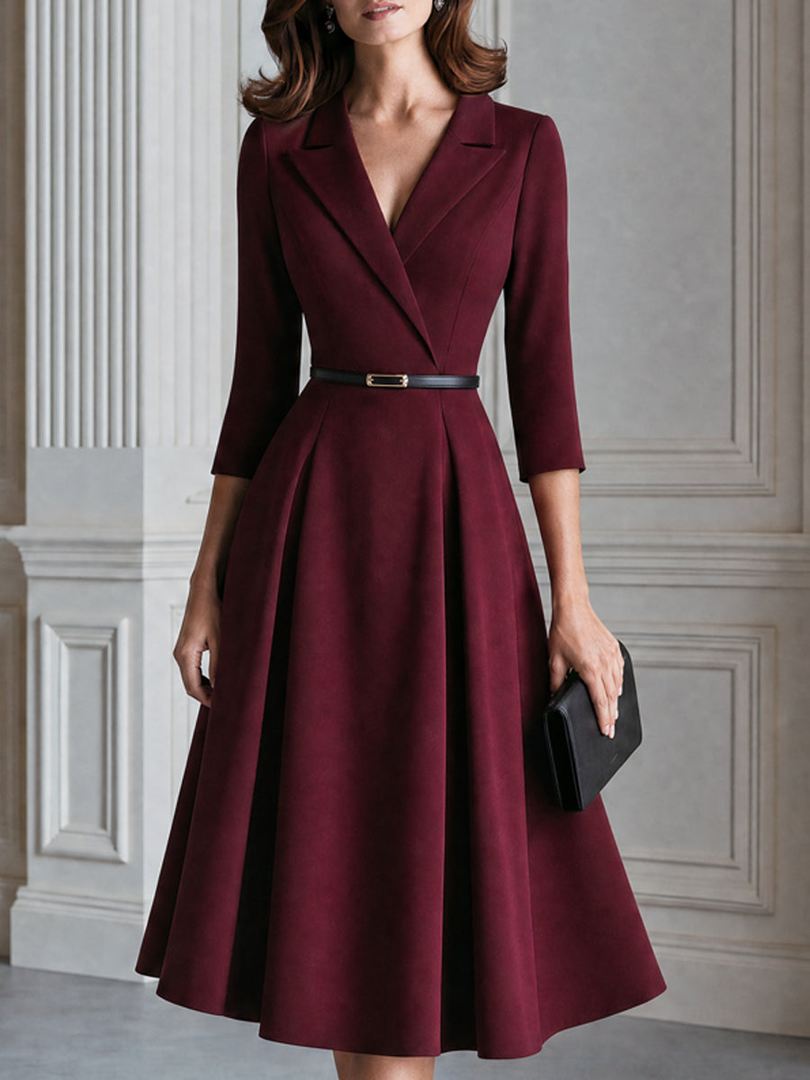Belted Blazer Collar 3/4 Sleeve Fit-and-Flare Midi Dress