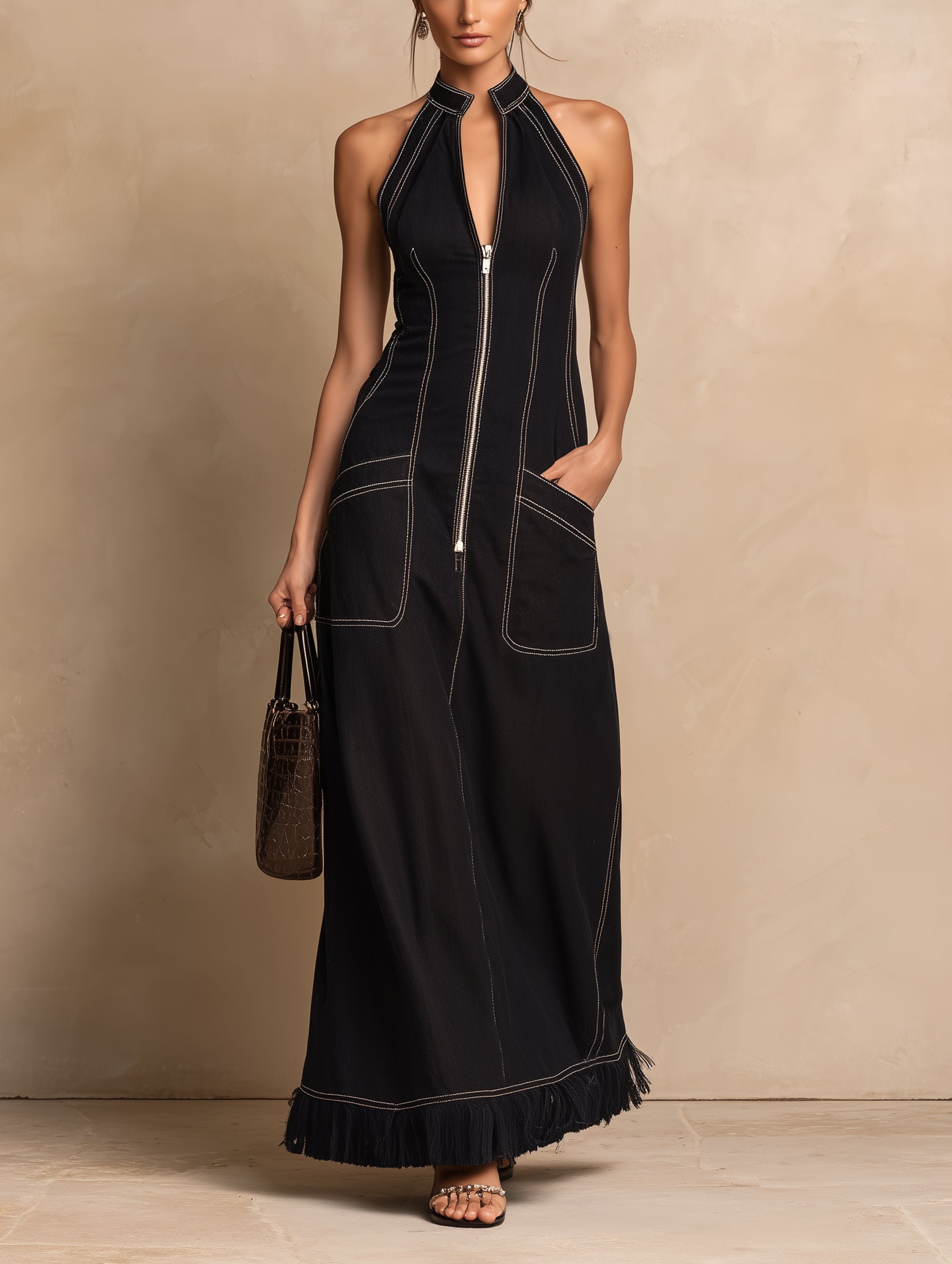 Women’s Black Halter Maxi Dress – Elegant Sleeveless Denim-Inspired Dress With Front Zipper And Contrast Stitching
