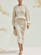 Elegant Knit Two-Piece Set – Off-Shoulder Sweater & Midi Skirt Cozy Chic Ensemble