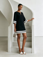 Women’s Black A-Line Mini Dress With White Stripe Trim, Elegant Oversized Sleeve Shift Dress