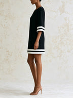 Women’s Black A-Line Mini Dress With White Stripe Trim, Elegant Oversized Sleeve Shift Dress