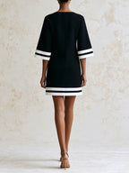 Women’s Black A-Line Mini Dress With White Stripe Trim, Elegant Oversized Sleeve Shift Dress