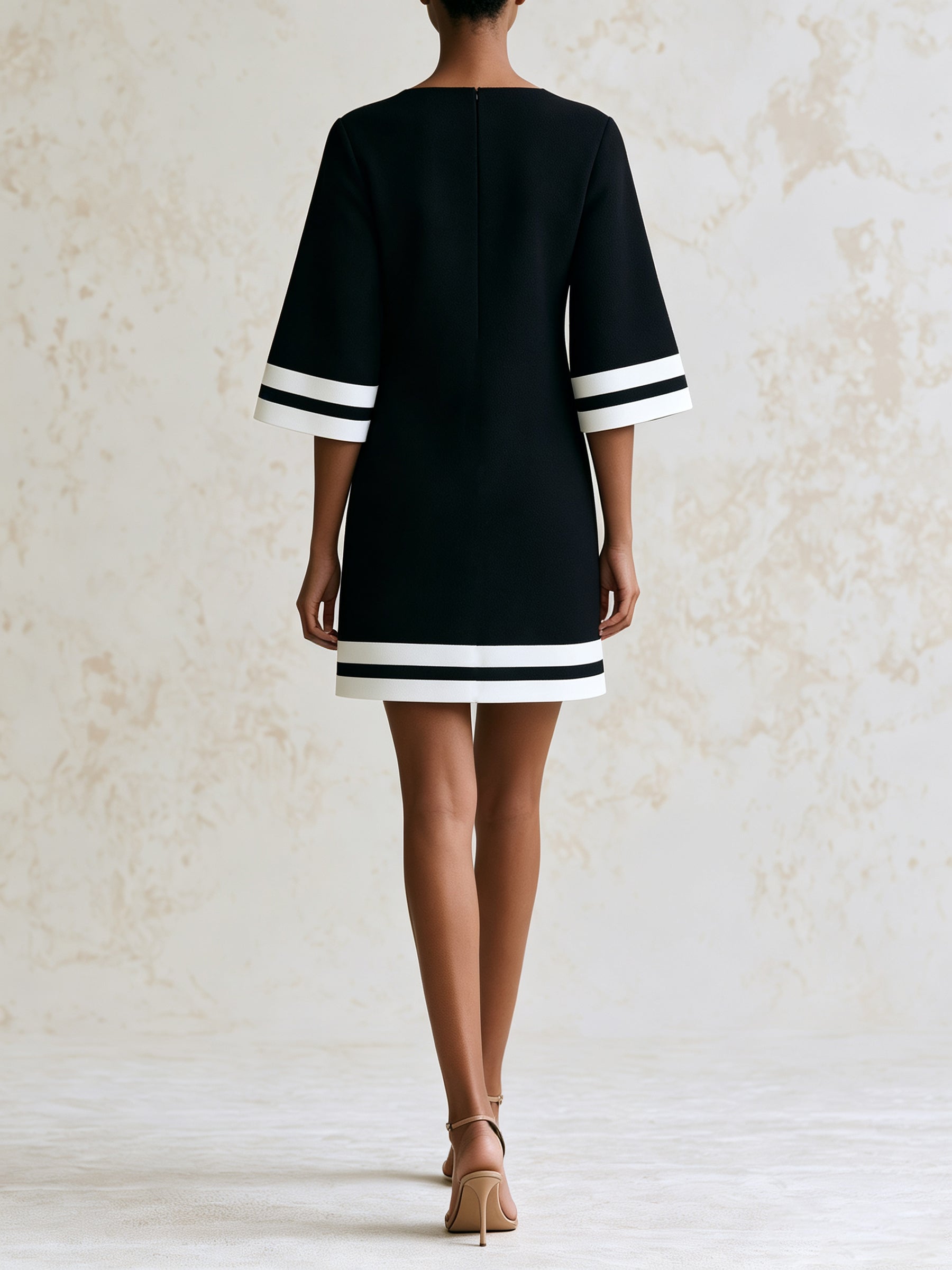 Women’s Black A-Line Mini Dress With White Stripe Trim, Elegant Oversized Sleeve Shift Dress