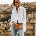 Effortless Chic Cotton Bell-Sleeve Tie-Cuff High-Low White Shirt