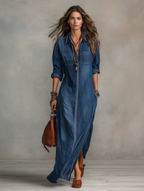 Relaxed Chic Washed-Denim Deep-V Pocket Long-Sleeve Indigo Maxi Dress