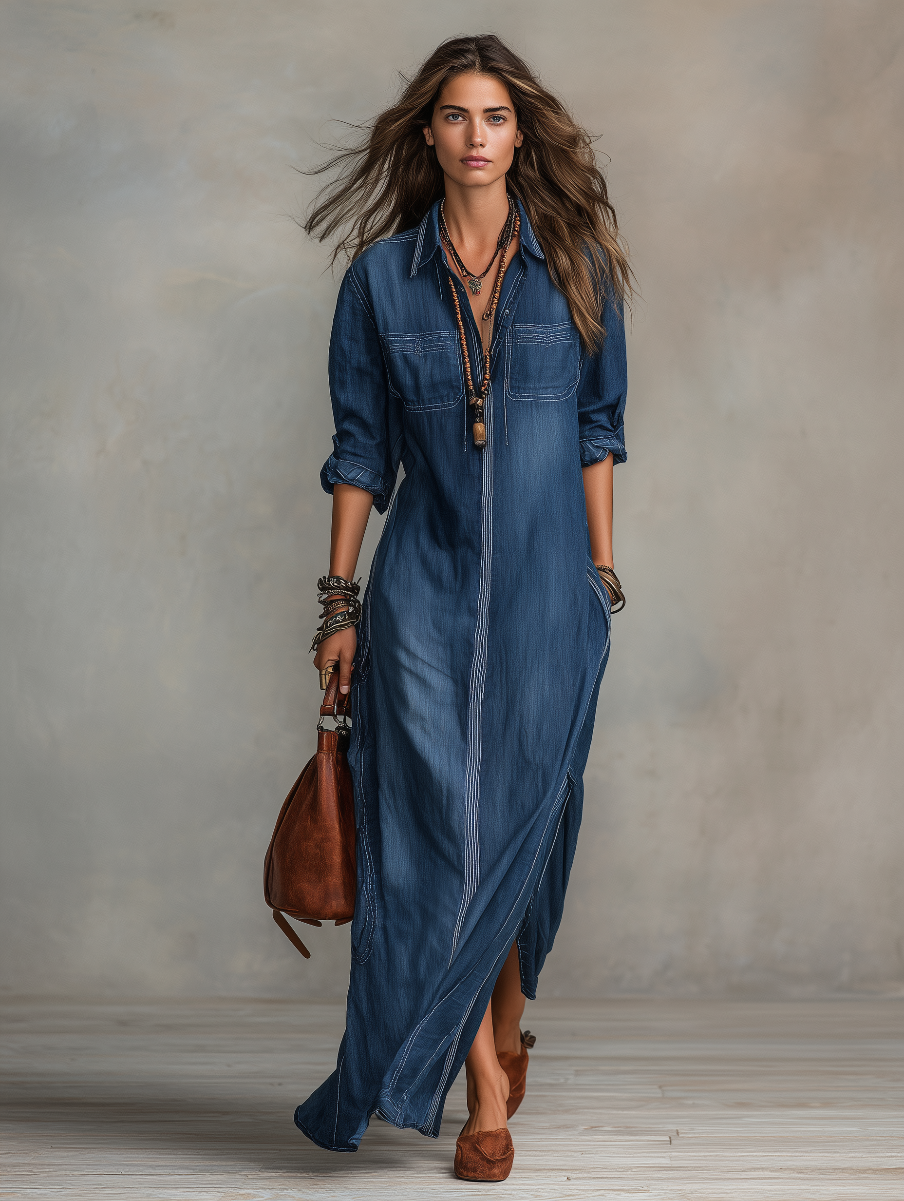 Relaxed Chic Washed-Denim Deep-V Pocket Long-Sleeve Indigo Maxi Dress