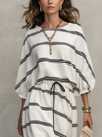 Casual Black And White Striped Skirt Suit