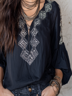 Bohemian Style Navy Blue Embroidered Shirt