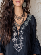 Bohemian Style Navy Blue Embroidered Shirt