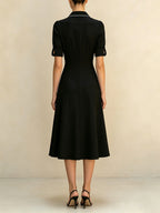Elegant Black Shirt Dress For Women – Vintage Button Front Midi Dress With Contrast Trim And Short Sleeves